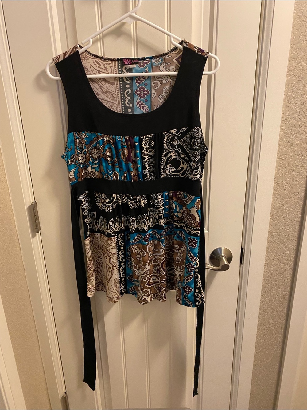 Agenda L Top Stretch Sleeveless Blouse Large Tie Back Shirt Lg